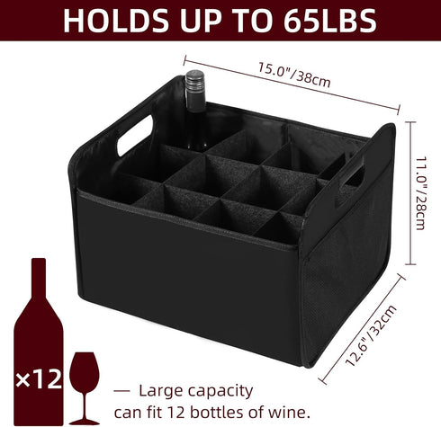 12 Bottle Wine Carrier - Collapsible Premium Felt Tote with Handles for Travel, Party, Picnic, Black