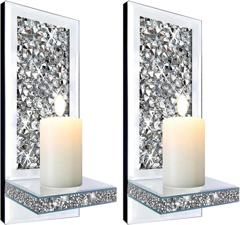 ZOLAPI Set of 2 Crystal Crush Diamond Candle Sconces, Gorgeous Silver Mirrored