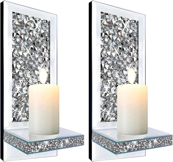ZOLAPI Set of 2 Crystal Crush Diamond Candle Sconces, Gorgeous Silver Mirrored