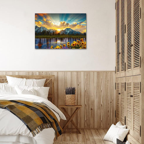 SKASNFAI Grand Teton National Park Wall Art, Sunflower Landscape Canvas Print for Living Room Framed