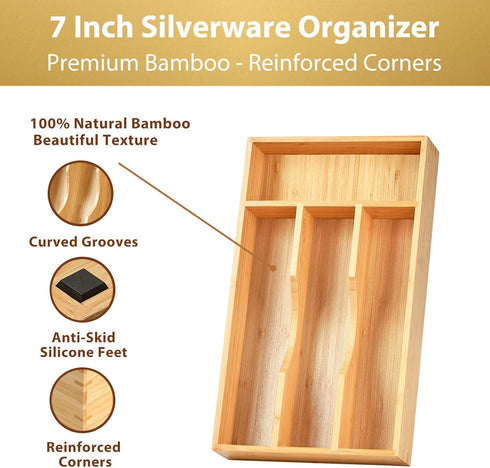 Umilife Bamboo Kitchen Drawer Organizer, 7 Inch Silverware Utensils Tray Holder for Small Drawer, Wood Caddy for Flatware Cutlery Knives by Umilife