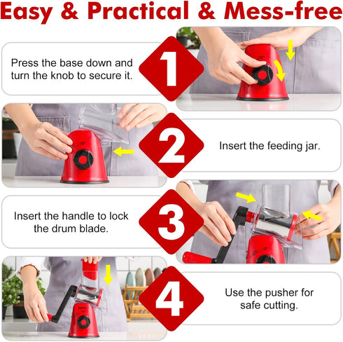 Rotary Cheese Grater for Kitchen, Vegetable Slicer with 3 Drum Blades, Fast Cutting Shredder for Cheese and Nuts