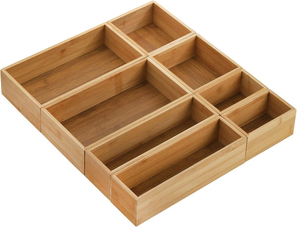 Lawei 8 Pieces Bamboo Drawer Organizer Boxes, Stackable Storage Tray for Kitchen, Bathroom, Office Desk