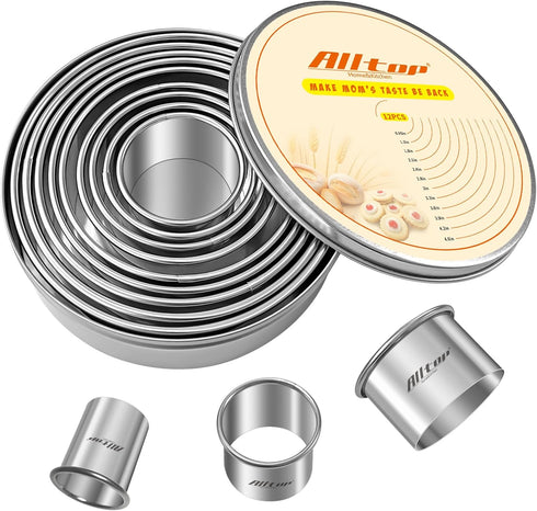 ALLTOP 12 Pcs Round Biscuit Cutter, Stainless Steel Baking Tool for Cookie Shaping and Cake Decoration