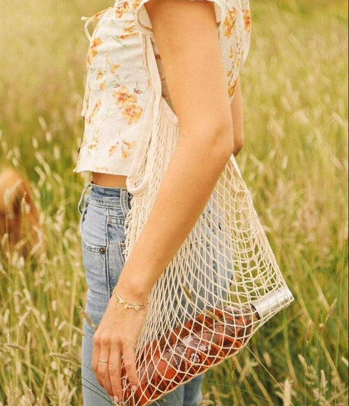4 Pack Portable Reusable Grocery Bags - Washable Cotton Mesh String, Organic Shopping Handbag, Long Handle Net Tote