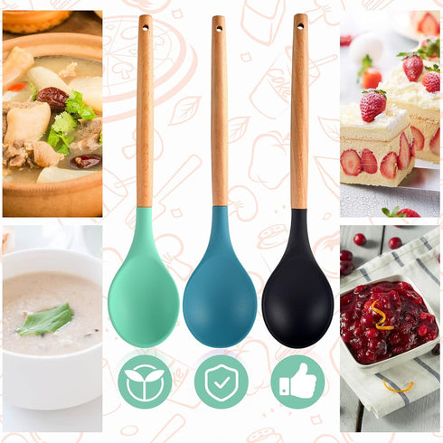3 Pcs Large Silicone Spoon with Wooden Handle, Mixing Spoons for Cooking Baking Stirring, Nonstick Heat-Resistant