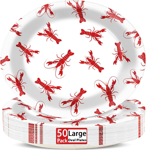 50 PCS Crawfish boil Oval Paper Plates Large 11 Disposable Red Grid