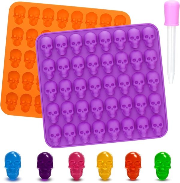 BUSOHA Skull Chocolate Molds Silicone - 2 Pack Non-Stick 40 Cavity Gummy Molds with 1 Droppers for Candy, Chocolate,