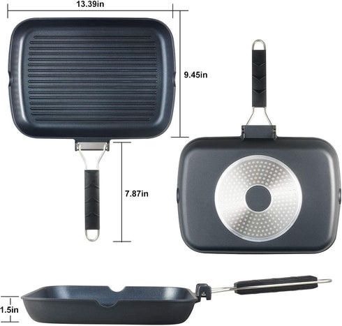 S·KITCHN Nonstick Grill Pan for Stove Tops, Induction Compatible KBBQ - 13 × 9IN with Folding Handle and Pour Spouts