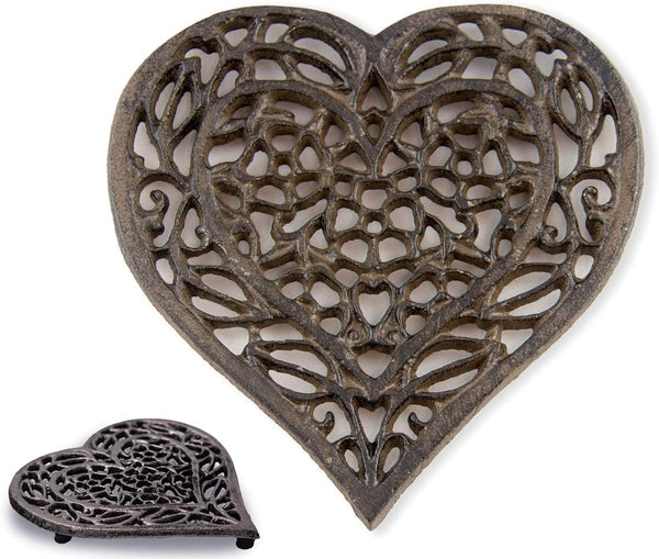 Cast Iron Heart Trivet, Decorative Vintage Design for Kitchen Countertop or Dining Table, 6.75X6.5