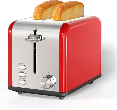 Simple Deluxe 2-Slice Toaster, Red, 6 Browning Settings, 3 Functions, Extra Wide Slot & Removable Crumb Tray