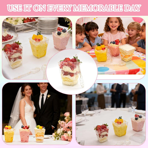180 Pack 5Oz Gold Glitter Dessert Cups with Lids and Spoons Plastic Square Yogurt Parfait Appetier Cups for Party