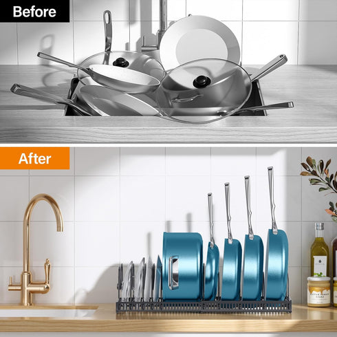 ORDORA Expandable Pots and Pans Organizer Under Cabinet, Cutting Board Pot Lid Holder with 10 Adjustable Dividers