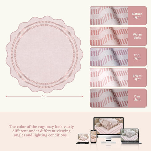 5ft Washable Area Rugs for Living Room, Solid Pink Non Slip Rugs for Bedroom Girls, Stain Resistant Scalloped Soft
