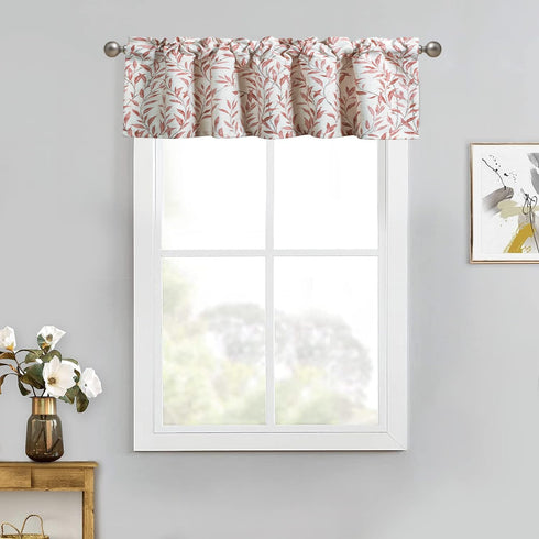 VOGOL Valances for Kitchen, Red Leaf Print Linen Textured Curtain Panel, Rod Pocket, 52x12, One Panel