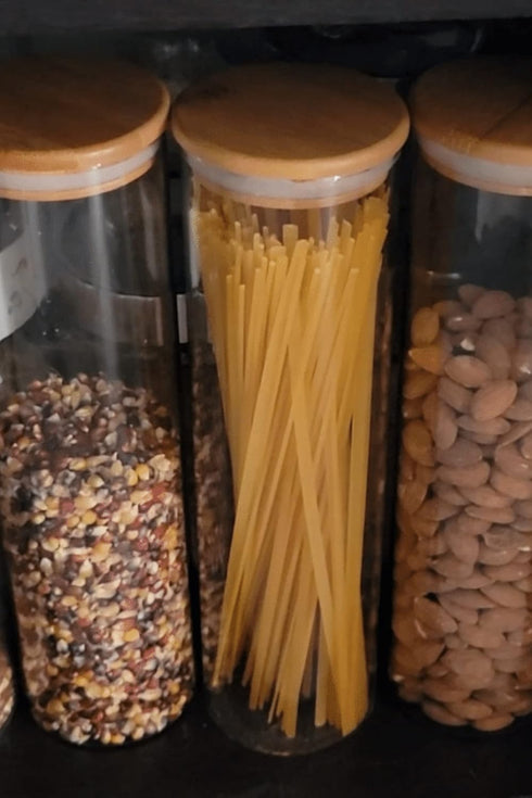 Cestari Glass Pasta Storage Jars: Airtight Spaghetti Container with Bamboo Lid, Kitchen Canister for Snacks, Macaroni,