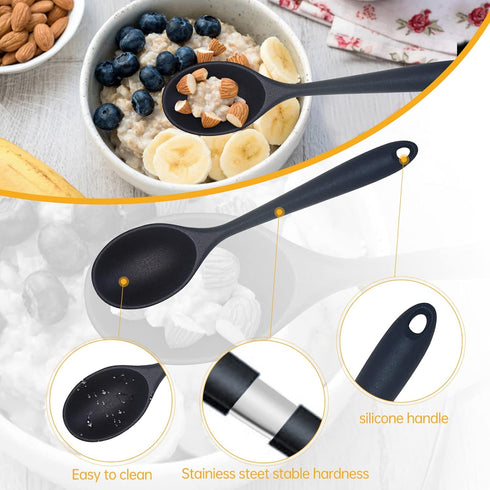 2 Pcs Silicone Nonstick Mixing Spoon - Heat Resistant Cooking Utensils for Kitchen Cooking, Baking, Stirring (Black)