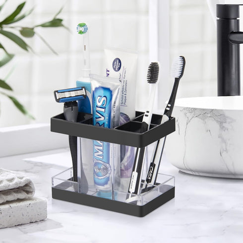 Toothbrush Holders for Bathrooms Countertop Organizer - Electric Toothbrush Holder Set, 5 Slots Toothbrush and Toothpaste Holder, Makeup Brush Storage Caddy for Family Kids Shower Clear/Black by Chintu