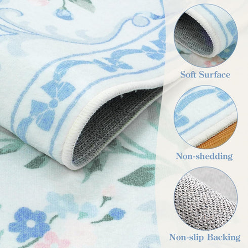 4ft Collive Blue Bow Round Rugs for Girls, Floral Washable Circle Rug for Bedroom, Cute Ultra-Thin Non Slip Indoor