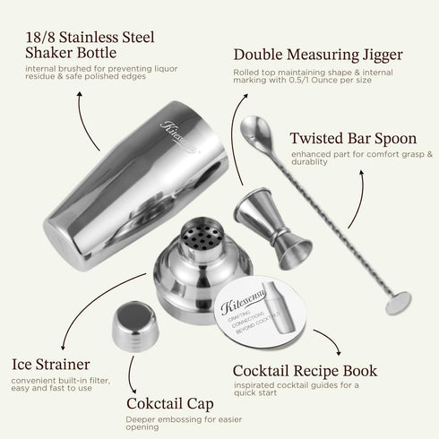 24oz Set Cocktail Shaker, KITESSENSU Drink Shaker with Bartender Strainer, Measuring Jigger, Bar Mixing Spoon, Cocktail
