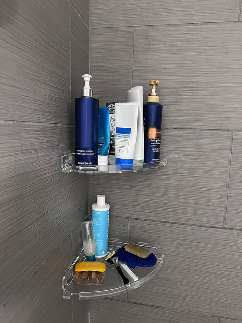 JiePai Acrylic Corner Shower Caddy Shelf with Hooks, 2 Pack Adhesive Wall Mounted Organizer for Shower & Kitchen Storage