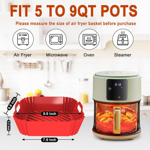 Large Silicone Air Fryer Liners Square 5-9 QT, 9.6 Inch Reusable Airfryer Liners Air Fryer Silicone Liners Pot Oven Liner Baking Tray, Air Fryer Basket Silicone Mat Bowl Air Fryer Accessories, 2 Pack