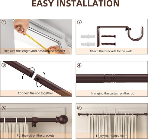 Brown Curtain Rods for Window 32 to 78, 5/8 inch Splicing Single Window Curtain Rod Set with Brackets