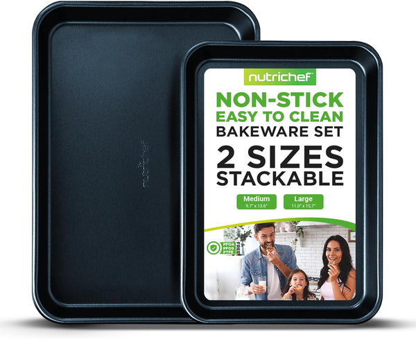 NutriChef Non-Stick Cookie Sheet Baking Pans, 2-Piece Oven Trays - 15" x 11" & 13" x 9" Sizes
