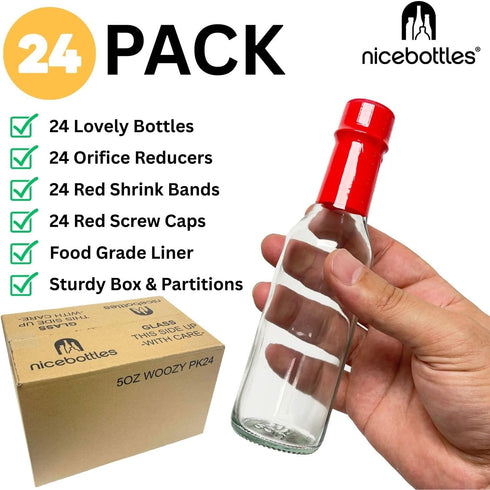 5 Oz 24 Pack nicebottles Hot Sauce Bottles with Red Caps & Shrink Bands