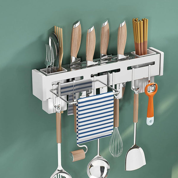 Kitchen Wall Mount Utensil Rack Organizer for Spoons, Knives, Forks, Chopsticks, Cookware Cutlery Holder, Silver