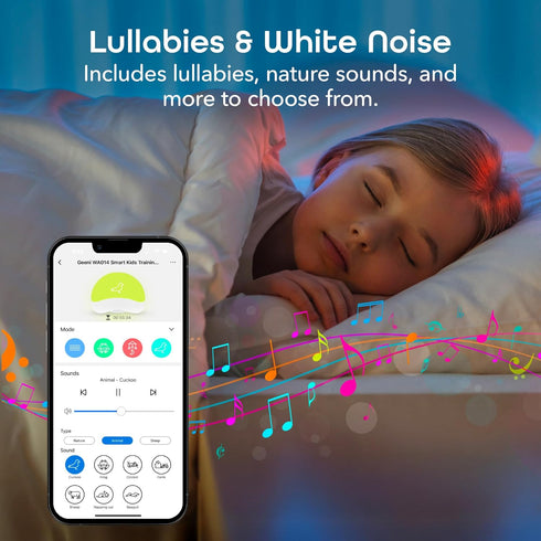 25 Geeni Rise and Shine Baby White Noise Machine with Night Light, Soothing Sounds, RGB Colors, Customizable Sleep