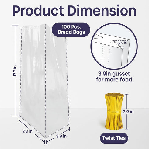 volila 100 Pack Reusable Plastic Bread Bags - Clear Loaf Bags for Homemade Bread - Perfect for Baked Goods Storage