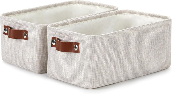 DULLEMELO Fabric Storage Baskets Set of 2 - 11.8x7.9x5.1 inch Small Organizing Baskets with PU Handles (Beige)