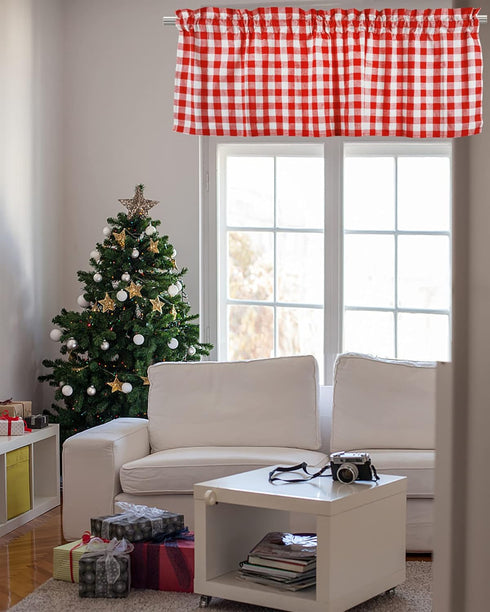 Buffalo Red and White Check Kitchen Window Valance - 2 Pack Half Short Gingham Plaid Home Decor Curtain