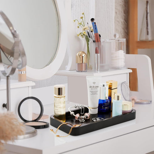 ALELION 8" Black Bathroom Vanity Tray, Wood Organizer for Dresser Tops, Soap Dispenser, Jewelry Catchall