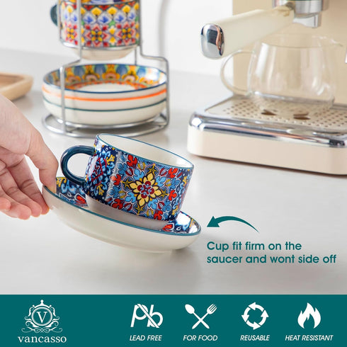 8 Oz Set 4,Bohemian Cafe-03 vancasso Stackable Espresso Cups with Saucers and Metal Stand of Ceramic Cappuccino Cups