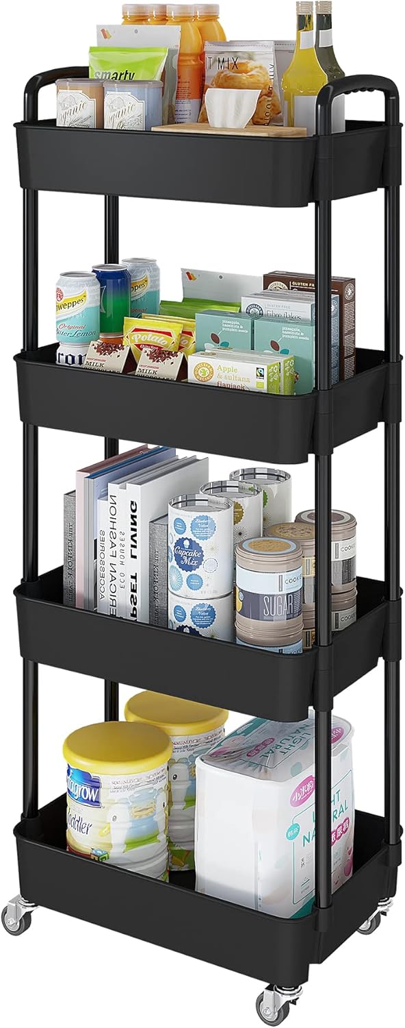Laiensia 4-Tier Rolling Cart with Wheels,Multifunction Utility Storage Carts, Kitchen Storage Organizer,Mobile