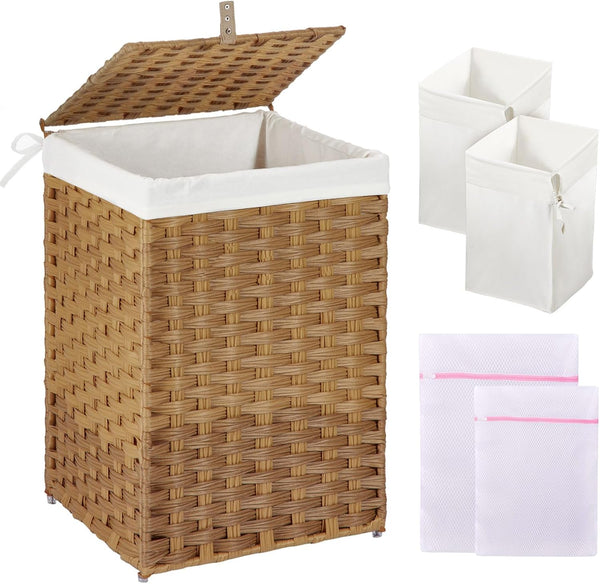 GREENSTELL 60L Laundry Hamper with Lid, Handwoven Synthetic Rattan Laundry Basket with 2 Removable Liner Bags & 2 Mesh