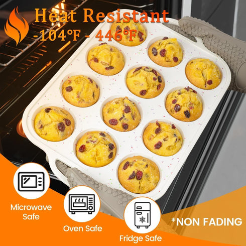 CAKETIME 2 Pack Silicone Muffin Pan, 12 Cups Nonstick with Metal Reinforced Frame and Handle for Baking