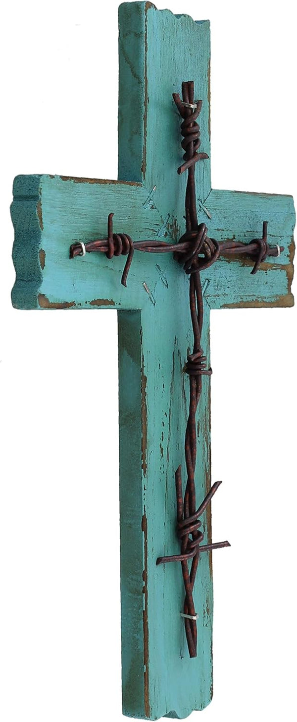 RWI 10 1/2" Weathered Wood & Barbwire Decorative Wall Cross, Shabby Chic Chalk Paint Look