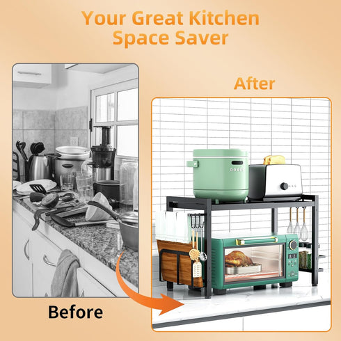 Microwave Oven Rack: Expandable Stand for Kitchen Utensils Tableware Storage with 6 Hooks