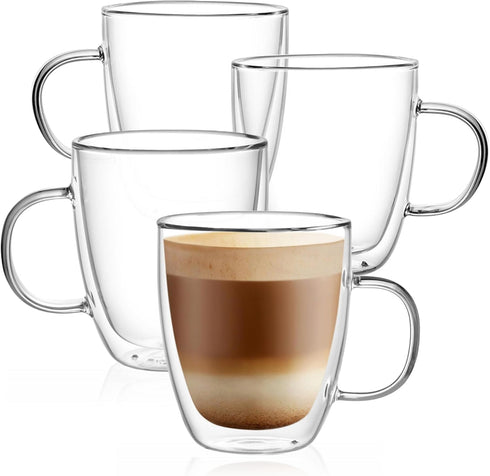 CNGLASS Large Glass Coffee Mugs 12oz,Double Walled Insulated Cappuccino Mug with Handle,Set