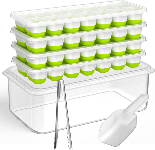 DOQAUS Ice Cube Tray with Lid and Bin, 4 Pack Silicone Plastic Ice Cube Trays with Ice Box and Ice Scoop