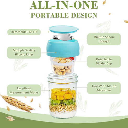 Miuyhji 2-Pack 16 oz Overnight Oats Containers with Lids, Glass Mason Jars with Lids, Folding Spoons and Separated