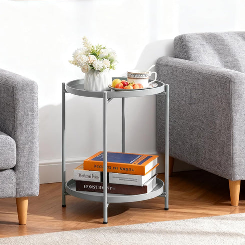 2-Tier HollyHOME Round Side Table, Outdoor Small Folding Accent Stand with Removable Tray, Anti-Rust Metal Asional