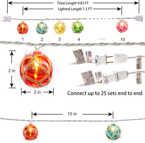 Brillarlights Set 10 Nautical Fishing Float String Lights, Beach Themed Buoy Lights of Multicolor String Lights