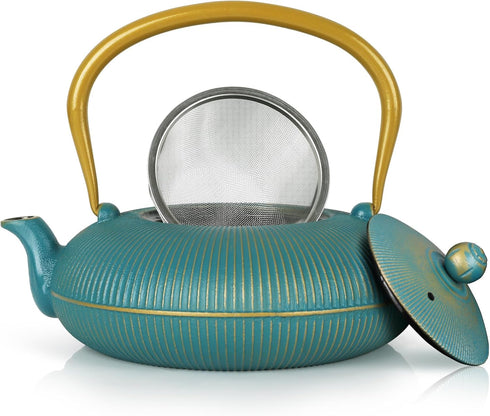 Green Cast Iron Teapot, Large Capacity 40oz/1200ml with Infuser for Loose Leaf, Stovetop Safe