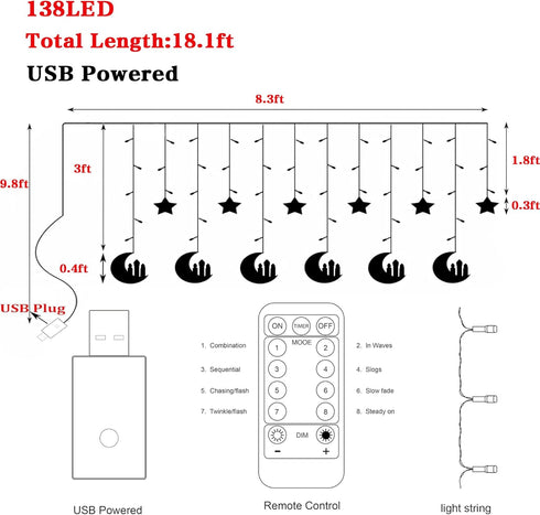 138 8 Dazzle Bright Moon Star and Fairy Tale Castle String Lights, LED Muslim Curtain Fairy String Lights, Lighting