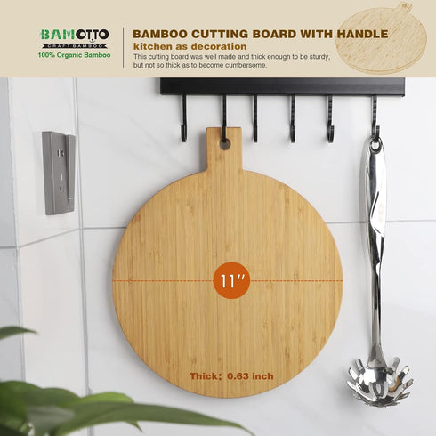 BAMOTTO Round Bamboo Cutting Board with Handle, Kitchen Pizza Bread and Snack Cookie Trays Charcuterie Board, Decorative Hanging Board, 100% Bamboo (13x11x0.63") by BAMOTTO CRAFTBAMBOO