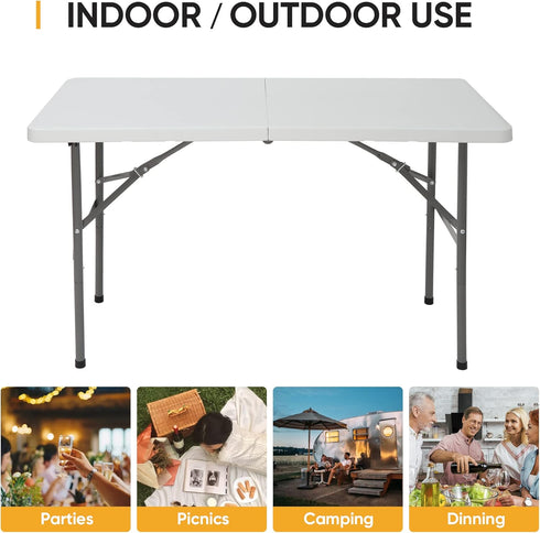 4ft ZENY Portable Folding Table Plastic Indoor Outdoor Picnic Party Camp Dining Table with Handle, White